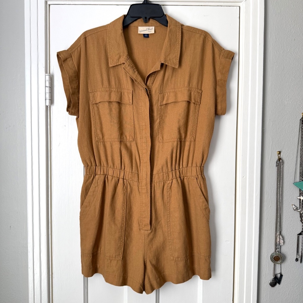 Universal Thread Linen Blend Utility Romper Size 8 Brown Cargo Short Sleeve